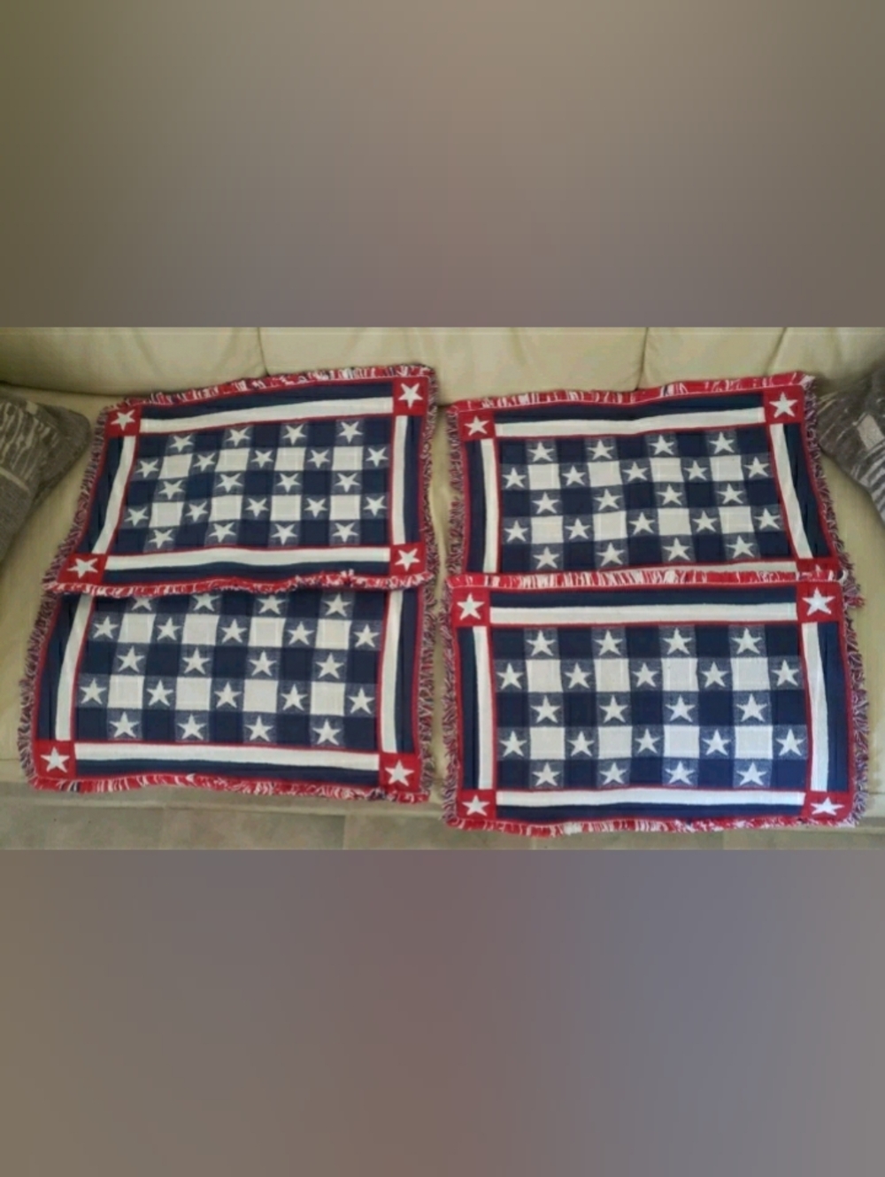 Set of 4 Patriotic Star Plaid Throw Pillows - Red, White & Blue